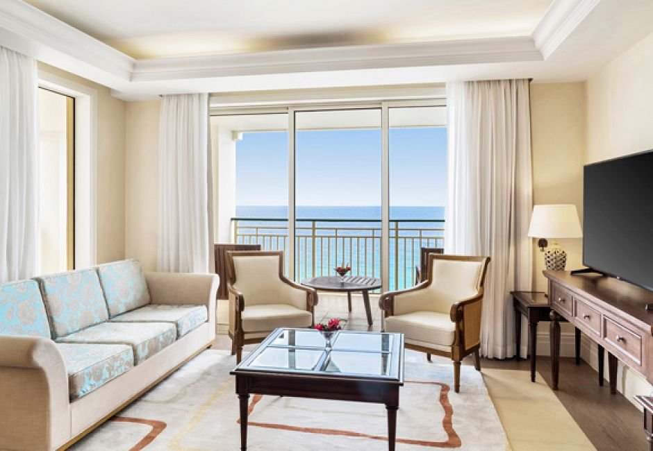 THREE BEDROOM OCEANFRONT BUTLER SUITE Commanding views of the Caribbean Sea await in your Three Bedroom Oceanfront Suite. This lavishly appointed accommodation features a master suite with King bed, and Queen sized beds in rooms two and three. Relax and unwind in style in your parlor or on the terrace overlooking the azure Sea. Our butlers cater to your every need from your fully equipped kitchen. Other features include en suite washer/dryer, sofa-bed, high speed wifi, flat screen television and climate control.  View Ocean Sq. Ft. 1,979 Max Occupancy 7 Bedding 1 King + 2 Queen Beds